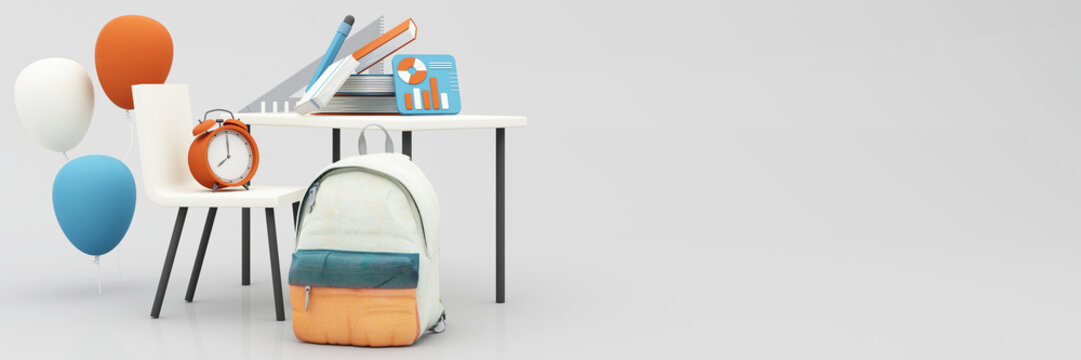 Back to school with school supplies and equipment. School bus with school accessories and books on pastel color orange and blue tone background realistic cartoon. 3D Rendering, widescreen