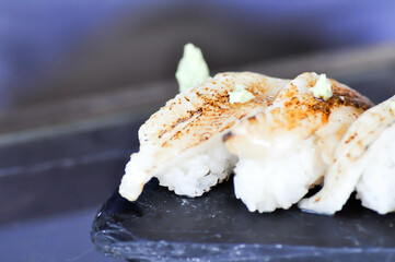 sushi or engawa sushi or fish sushi, rice topped with engawa or fish rolls © jobrestful