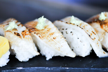 sushi or engawa sushi or fish sushi, rice topped with engawa or fish rolls