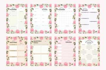 Daily Planner, Weekly Planner, Habit Tracker, Monthly Planner, Yearly Planner Collection with Aesthetic Pink Flowers