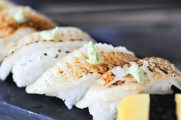 sushi or engawa sushi or fish sushi, rice topped with engawa or fish rolls