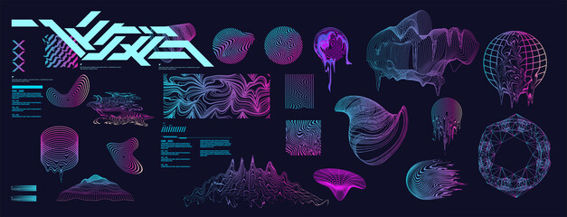 Holographic Retro futuristic 80s-90s
style. Cyberpunk concept.   Neon shapes with glitch, Shapes design elements, retro vibe,