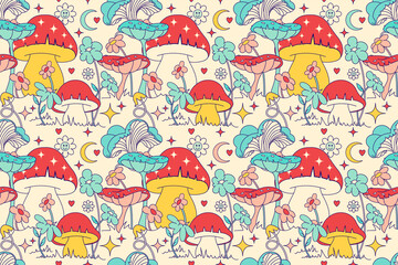 Floral graphic with groovy mushrooms. Seamless pattern, retro 60s, 70s hippie style spiritual background. Vintage meadow, wonderland. Sacred Textile, fabric, wrapping, wallpaper, background.