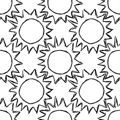 Doodle vector illustration with sun. Seamless space pattern. Cosmos background.