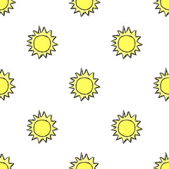 Doodle vector illustration with sun. Seamless space pattern. Cosmos background.