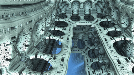 Abstract background, fantastic blue metal structures, ancient civilization fictional background, 3D render illustration.