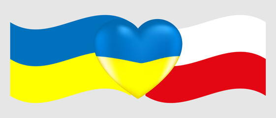 Vector drawing volume heart in the colors of the Ukrainian flag and flags of Ukraine and Polish