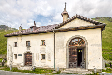 Fototapeta na wymiar View at the chapel near Cimitero Militare dello Stelvio under Stelvio pass - Italy