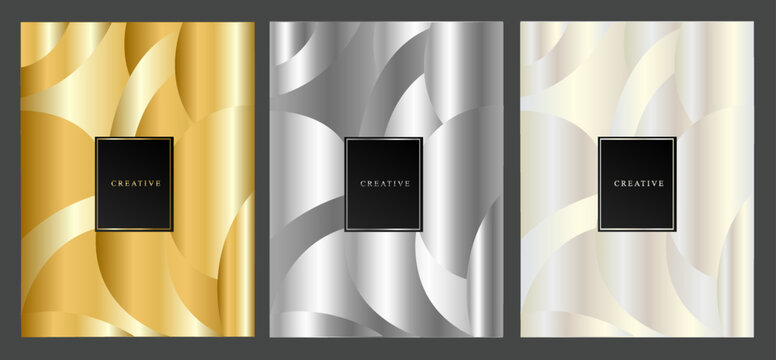 Luxury gold, silver and platinum cover design. Abstract geometric set backgrounds with curved shapes. Metallic effect. Vector illustration.