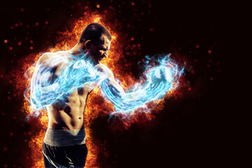 Boxing and fitness concept. Boxer man fighting or posing in gloves on black background with fire. Individual sports recreation. Energy and power