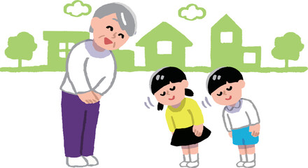 住宅街でおばあさんに挨拶する男の子女の子