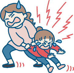 泣きながら大人に引きずられていく子供のイラスト