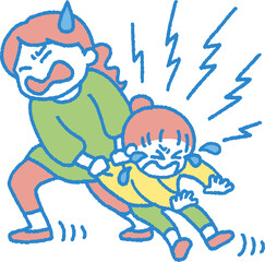 泣きながら大人に引きずられていく子供のイラスト