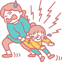 泣きながら大人に引きずられていく子供のイラスト