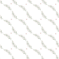 Seamless pattern with watercolor branches and heart isolated.
