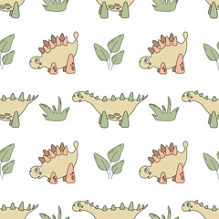 Childish dinosaurs seamless pattern for fashion clothes, fabric, t-shirts. Hand drawn vector illustration in light green colors.