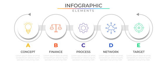 Timeline circular infographic elements concept design vector with icons. Business workflow network project template for presentation and report.