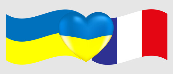 Vector drawing volume heart in the colors of the Ukrainian flag and flags of Ukraine and French