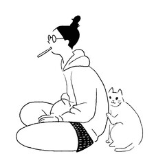 歯ブラシを加える女性の線画と猫