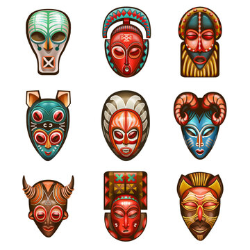 A set of African masks on a white background.