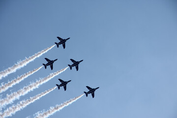 Airplane pulling blue sky and clouds