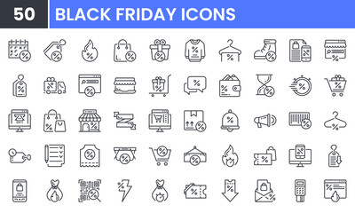 Fototapeta na wymiar Black Friday vector line icon set. Contains linear outline icons like Sale, Discount, Coupon, Tag, Shop, Percent, Price, Offer, Cart, Fire, Promotion, Basket. Editable use and stroke.