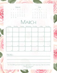 March 2023 Calendar on a Floral Rose Background and a Bible Passage