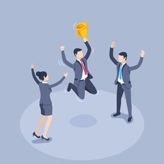 isometric vector illustration on a gray background, people in business suits celebrate achieving a goal and receiving a trophy, the joy of success