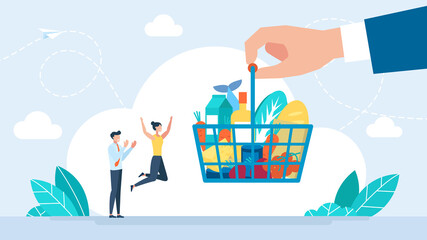 Generosity, hospitality, charity. Full shopping cart with fresh grocery products. Businessman make a donation. Humanitarian help. The gratitude of people. Flat design. Vector business illustration