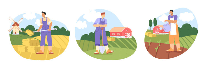 Farmers set. Flat vector illustration with a group of farmers gardening or working on a farm. Concept of agricultural.