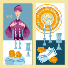 2 greeting cards Shabbat shalom. Jewish woman light a shabbat candles. Candles, kiddush cup and challah. Shabbat shalom - obrazy, fototapety, plakaty