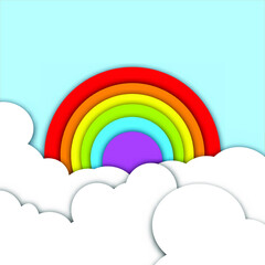 rainbow with clouds in blue sky papercut background