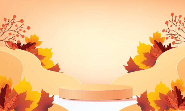 Podium Stage Autumn Season Paper Art Colorful For Show Banner Sale Vector Illustation