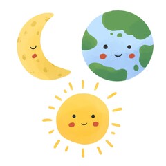 Earth, sun, and moon cute illustration emoticon