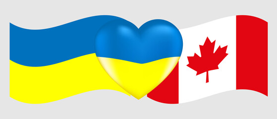 Vector drawing volume heart in the colors of the Ukrainian flag and flags of Ukraine and Canada flag