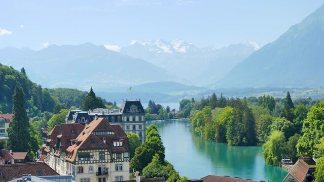 thun village, lake and mountain- Switzerland