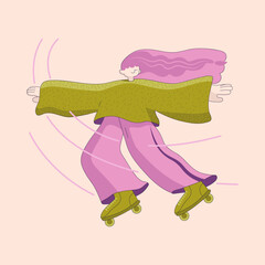 Girl on roller skates in 80s style. Vector flat illustration