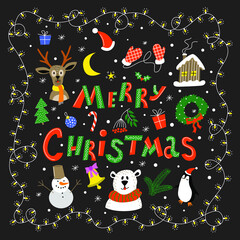 Lettering Merry Christmas. Christmas set: Christmas tree, deer, bear, penguin, garland, mittens, gifts, bell, snowman, house, Christmas toy. let it snow. Vector illustration on a dark background