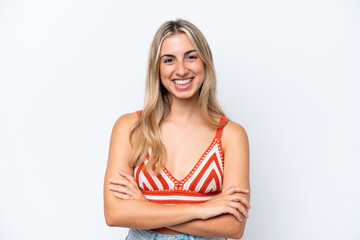 Young caucasian woman isolated on white background keeping the arms crossed in frontal position