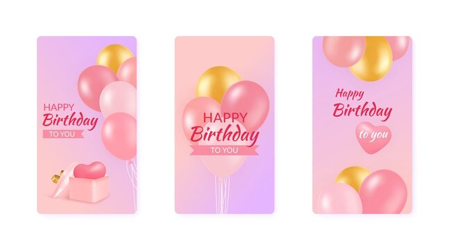 3D anniversary birthday covers. Holiday party render banners with balloons and gift boxes. Happy celebration present. Greeting cards set. Festive congratulations. Vector design background