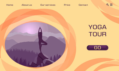 Mountain hike landing page. Website interface template. Yoga tour. Nature adventure tourism. Meditation at cliff peak. Travel with backpacks. Tourist sport camp. Vector web service