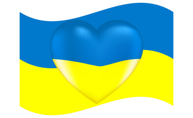 Vector drawing volume heart in national colors on the background of the waving flag of Ukraine.