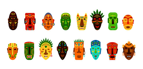 Africa tribe ethnic masks. African aborigine tiki tribal face, zulu human drawing, colorful ritual shapes. Colorful accessories, cartoon flat elements. Vector idols illustration set - obrazy, fototapety, plakaty