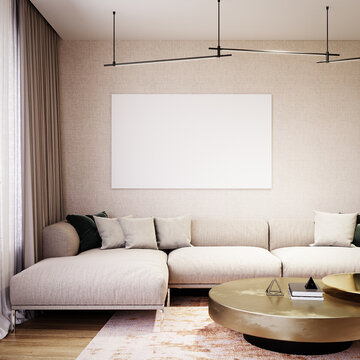Modern interior with beige sofa and empty white picture frame 3D Rendering, 3D Illustration