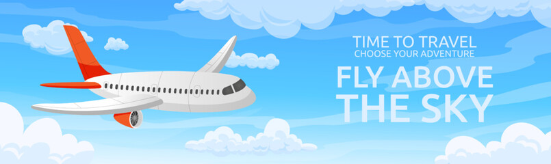 Plane flying at sky. Time to travel by aircraft. Aviation transportation. Airplane flight in clouds. Air freight deliver or passenger airline. Aerial transport. Vector cartoon banner