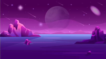 Purple Mars sky. Alien desert landscape for game. Space planet background with starry night. Cosmos horizon. Extraterrestrial mountain cliffs. Cosmic panorama. Vector cartoon illustration © Natalia