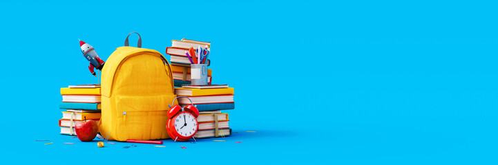 Back to school. Yellow backpack with books and school stuff on blue background 3D Rendering, 3D Illustration - obrazy, fototapety, plakaty