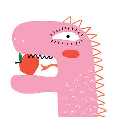 Pink Little Monster with Red Apple. Cute Abstract Nursery Vector Illustration with Sweet Hand Drawn Dragon Isolated on a White Background. Simple Print with Funny Dinosaur ideal for Card, Wall Art.