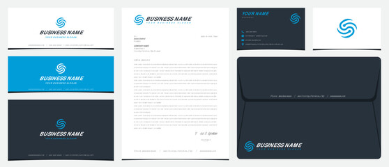 S tech rotation logo with stationery, business cards and social media banner designs