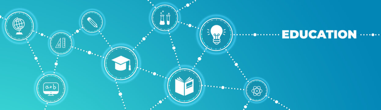 Education Icon Concept: School, College, Studying Interconnected Symbols - Vector Illustration